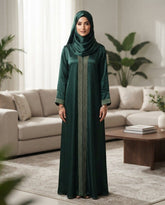 Bottle Green Nida Front Open Abaya for Party and Daily Wear with Embroidered Panel