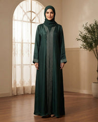 Bottle Green Nida Front Open Abaya for Party and Daily Wear with Embroidered Panel