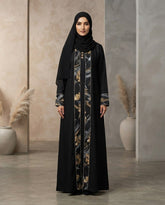 Black Nida Daily Wear Abaya with Gold Floral Panels