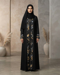 Black Nida Daily Wear Abaya with Gold Floral Panels