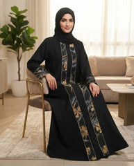 Black Nida Daily Wear Abaya with Gold Floral Panels