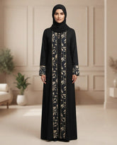 Black Nida Daily Wear Abaya with Grey Floral Panels