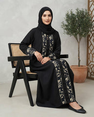 Black Nida Daily Wear Abaya with Grey Floral Panels