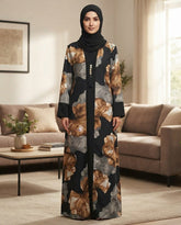 Black Nida Floral Print Daily Wear Abaya with Tassel Detail