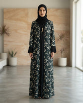 Dark Green Nida Leaf Print Daily Wear Abaya with Tassel Detail