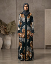 Black Nida Floral Print Daily Wear Abaya with Beaded Cuffs