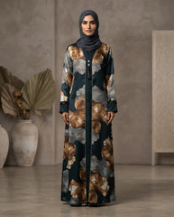 Black Nida Floral Print Daily Wear Abaya with Beaded Cuffs