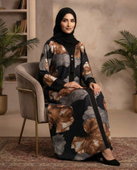 Black Nida Floral Print Daily Wear Abaya with Beaded Cuffs
