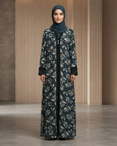 Dark Teal Nida Leaf Print Daily Wear Abaya with Beaded Cuffs