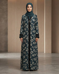 Dark Teal Nida Leaf Print Daily Wear Abaya with Beaded Cuffs
