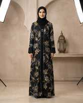 Black Nida Gold Floral Print Daily Wear Abaya with Beaded Cuffs