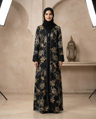 Black Nida Gold Floral Print Daily Wear Abaya with Beaded Cuffs