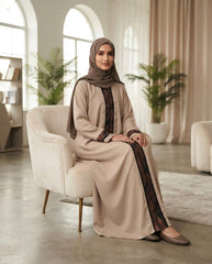 Sand Beige Nida Front Open Party Wear Abaya with Brown Embellished Panel