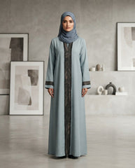 Dusty Blue Nida Front Open Party Wear Abaya with Embellished Panel