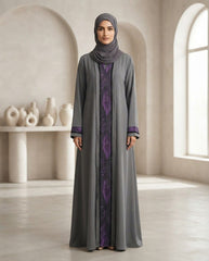 Ash Grey Nida Front Open Party Wear Abaya with Purple Embellished Panel