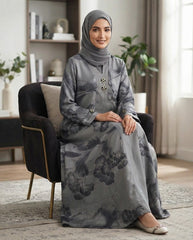Steel Grey Nida Floral Print Abaya for Daily and Party Wear