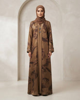 Bronze Brown Nida Floral Print Abaya for Daily and Party Wear