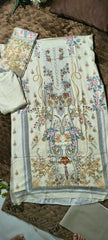 Cream Viscose Rayon Unstitched Suit with Heavy Embroidery and Cotton Dupatta