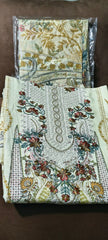 Cream Viscose Rayon Unstitched Suit with Heavy Embroidery and Cotton Dupatta
