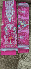 Magenta Pink Viscose Rayon Unstitched Suit with Heavy Embroidery and Cotton Dupatta