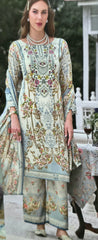 Ivory Sky Blue Floral Embroidered Pure Cotton Unstitched Suit Material