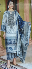 Pearl Grey Printed Cotton Unstitched Suit with Navy Dupatta