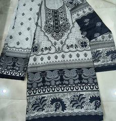 Pearl Grey Printed Cotton Unstitched Suit with Navy Dupatta
