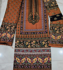Rust Brown Printed Cotton Unstitched Suit with Floral Border Dupatta