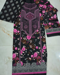 Black Printed Cotton Unstitched Suit with Pink Rose Print