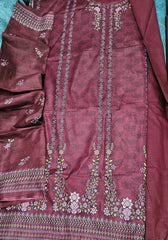 Burgundy Heavy Lawn Cotton Unstitched Suit with Printed Dupatta