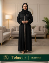 Shiny Satin Abaya with Wavy Lace Detail Black