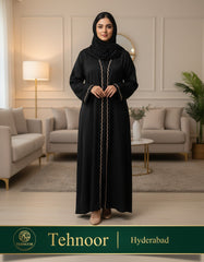 Shiny Satin Abaya with Wavy Lace Detail Black
