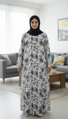 Tehnoor Monochrome Vintage Floral Abaya – Premium Indian Nida Fabric Modest Cardigan with Gold & Black Enamel Accents - 56" Length