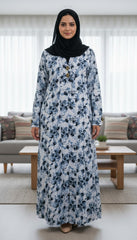 Tehnoor Monochrome Vintage Floral Abaya – Premium Indian Nida Fabric Modest Cardigan with white and Blue Enamel Accents - 56" Length