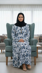 Tehnoor Monochrome Vintage Floral Abaya – Premium Indian Nida Fabric Modest Cardigan with white and Blue Enamel Accents - 56" Length