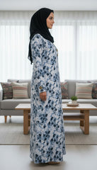 Tehnoor Monochrome Vintage Floral Abaya – Premium Indian Nida Fabric Modest Cardigan with white and Blue Enamel Accents - 56" Length