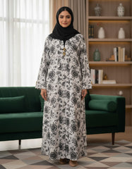 Tehnoor Monochrome Vintage Floral Abaya – Premium Indian Nida Fabric Modest Cardigan with Gold & Black Enamel Accents - 56" Length