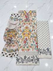 Oyster Beige Heavy Lawn Cotton Unstitched Suit with Printed Dupatta