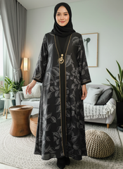 Tehnoor Black Leaf-Pattern Abaya Silver Leaf with Stone Pendant Detailing Elegant Modest Wear for Women (Copy)