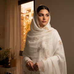 White Embroidered Stole with Gold Floral Motif