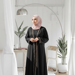 Shiny Satin Abaya with Wavy Lace Detail Black