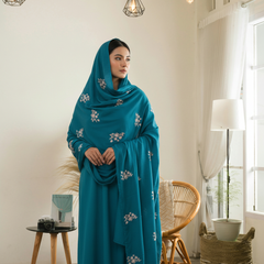 Teal Embroidered Stole with White Floral Motif
