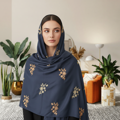 Dark Blue Embroidered Stole with Golden Floral Motif