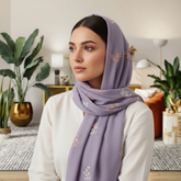 Light Purple Embroidered Stole with White & Gold Floral Motif