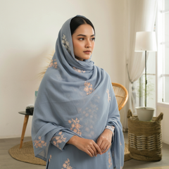 Light Blue Embroidered Stole with Peach & White Floral Motif