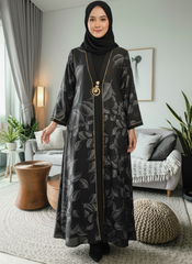 Tehnoor Black Leaf-Pattern Abaya Silver Leaf with Stone Pendant Detailing Elegant Modest Wear for Women (Copy)