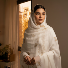 White Embroidered Stole with Gold Floral Motif