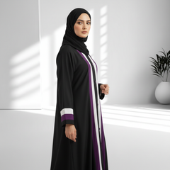 Tehnoor Black Crepe Abaya with White & Purple Stripes Elegant Modest Wear for Women