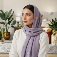 Light Purple Embroidered Stole with White & Gold Floral Motif