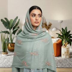 Light Green Embroidered Stole with Pink Floral Motif